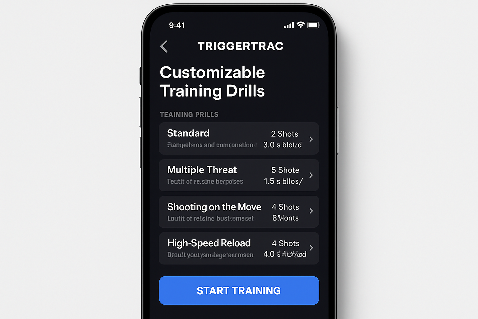 Customizable training drills screen on TriggerTrac app