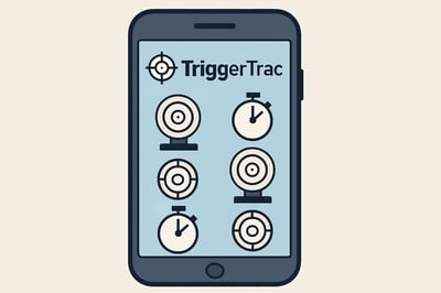 Illustration of a phone displaying the TriggerTrac app with shooting targets and timer icons