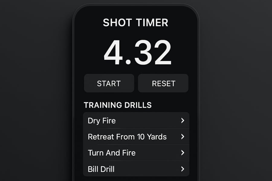 Mobile app interface displaying shot timer and training drills Mobile app interface displaying shot timer and training drills