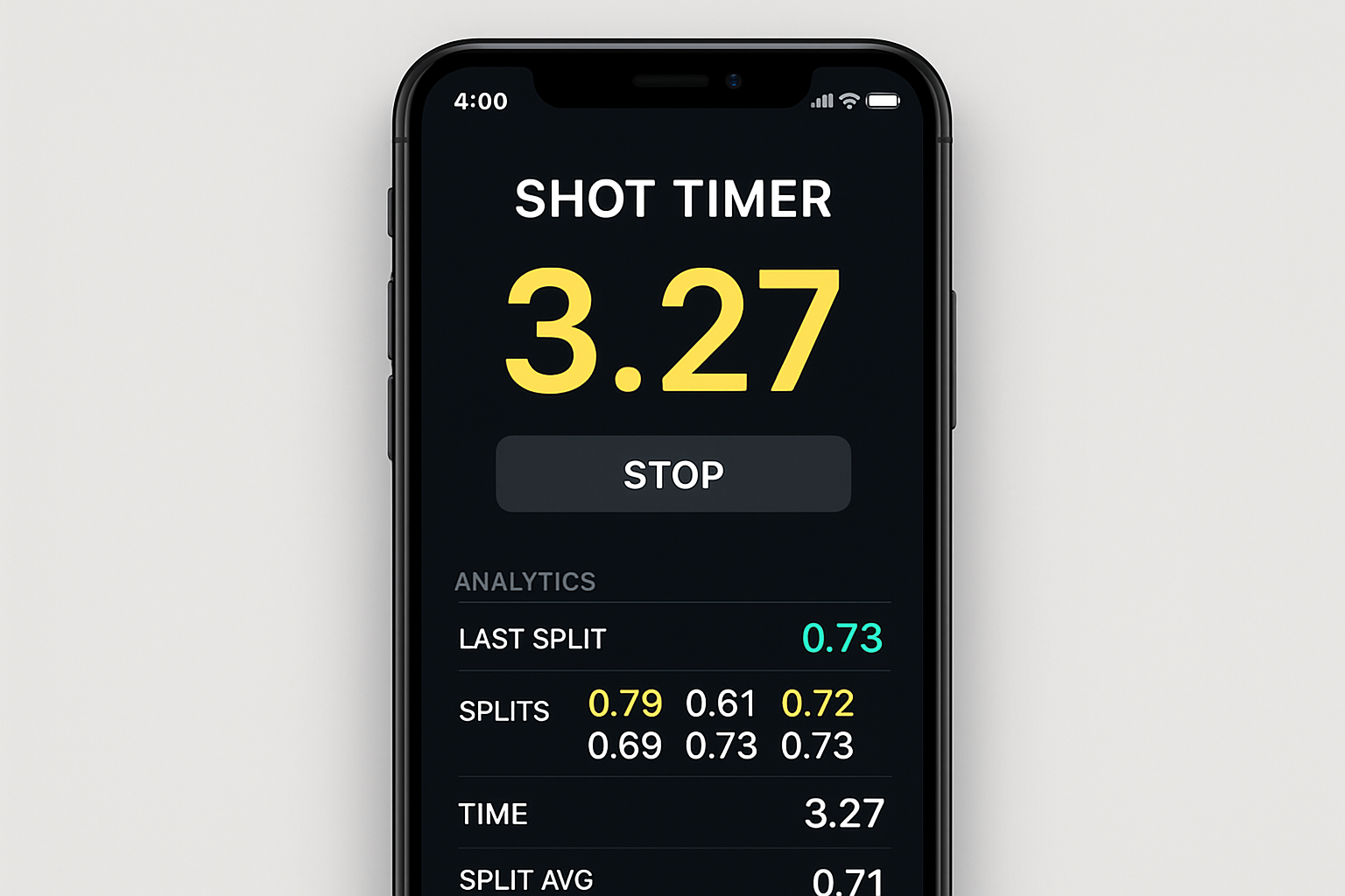 Mobile shot timer app interface with real-time analytics
